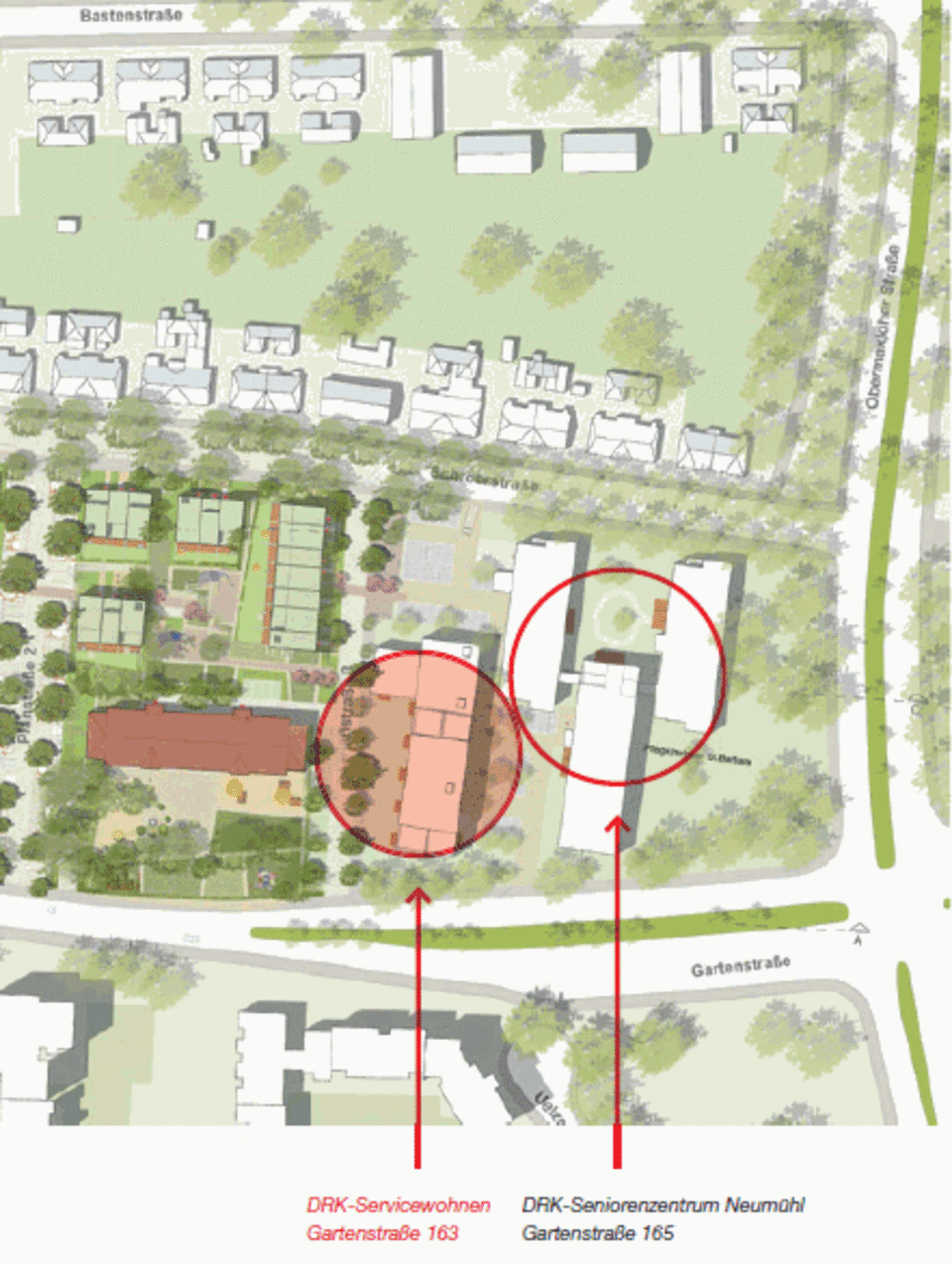 Lageplan des DRK-Seniorenzentrums Duisburg-Neumühl. Es ist zu sehen, dass das Servicewohnen und das Seniorenzentrum direkt nebeneinander liegen.